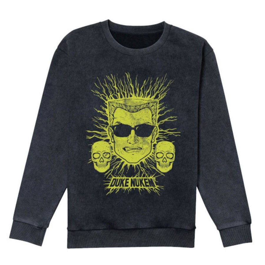 Duke Nukem Gearbox Hoodies & Sweatshirts | Duke Nukem Lightning Horror Sweatshirt-Black Acid Wash