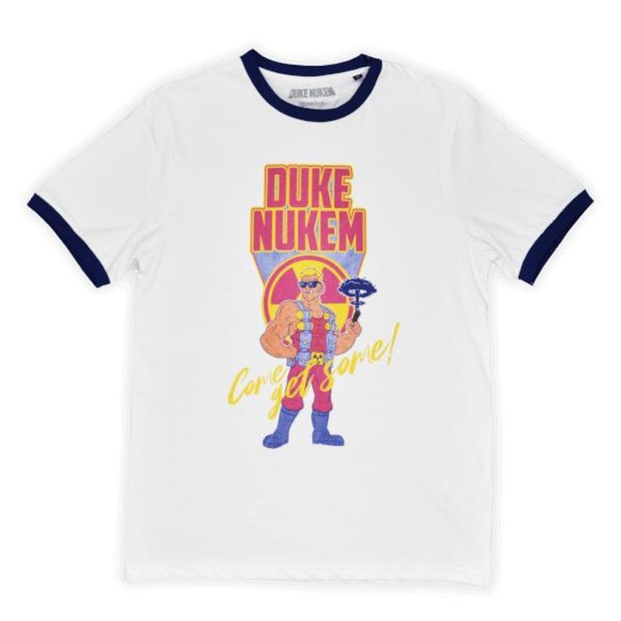 Duke Nukem Gearbox T-Shirts | Duke Nukem Come Get Some 80S Neon Unisex Ringer T-Shirt-White / Navy