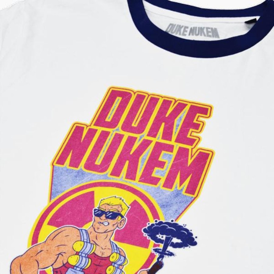 Duke Nukem Gearbox T-Shirts | Duke Nukem Come Get Some 80S Neon Unisex Ringer T-Shirt-White / Navy